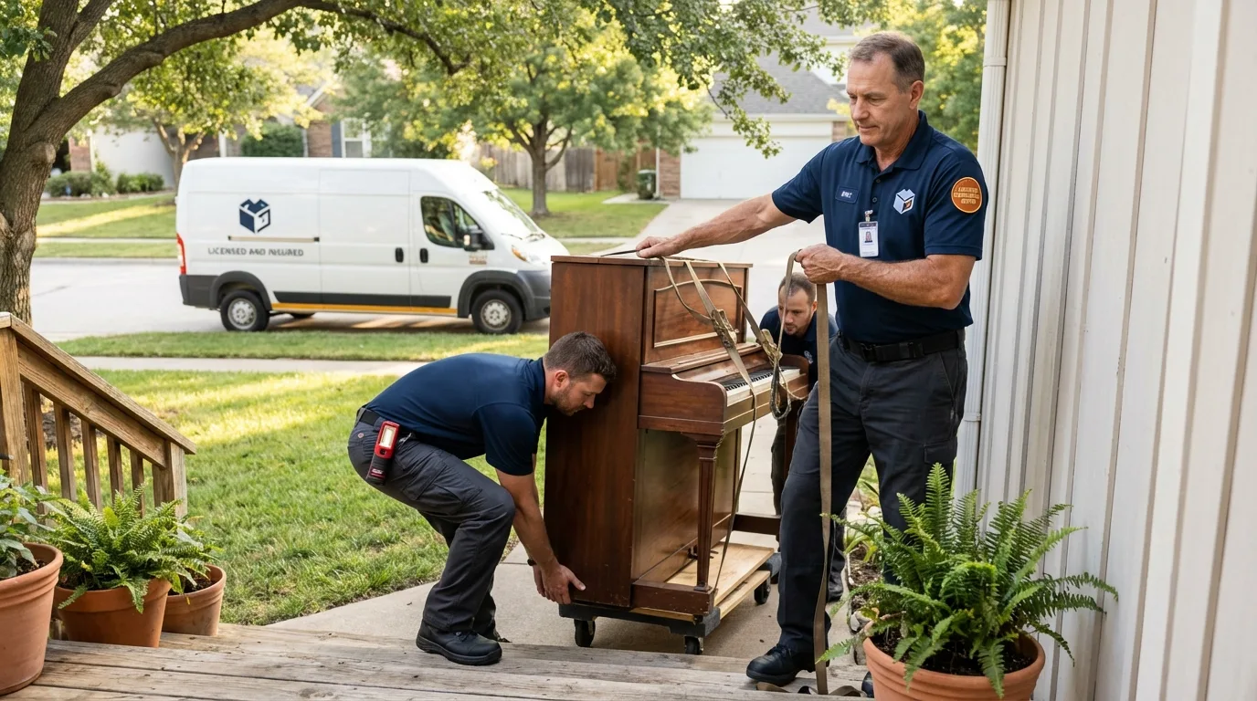 Licensed piano movers securing grand piano in Hazel Crest, IL